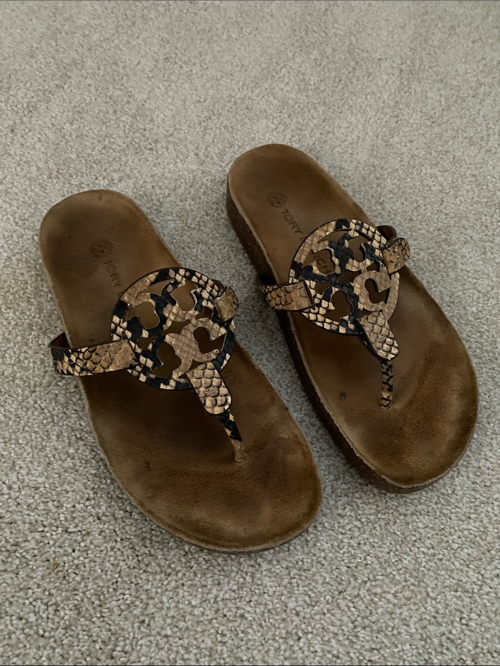 Tory Burch Brown Snake-Print Thong Sandals